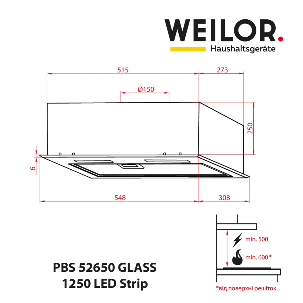 Weilor PBS 52650 GLASS WH 1250 LED Strip Габаритні розміри
