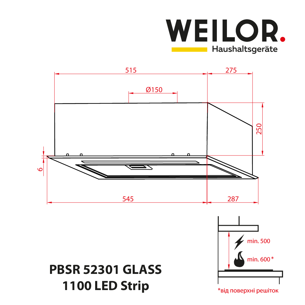 Weilor PBSR 52301 GLASS BL 1100 LED Strip Габаритні розміри