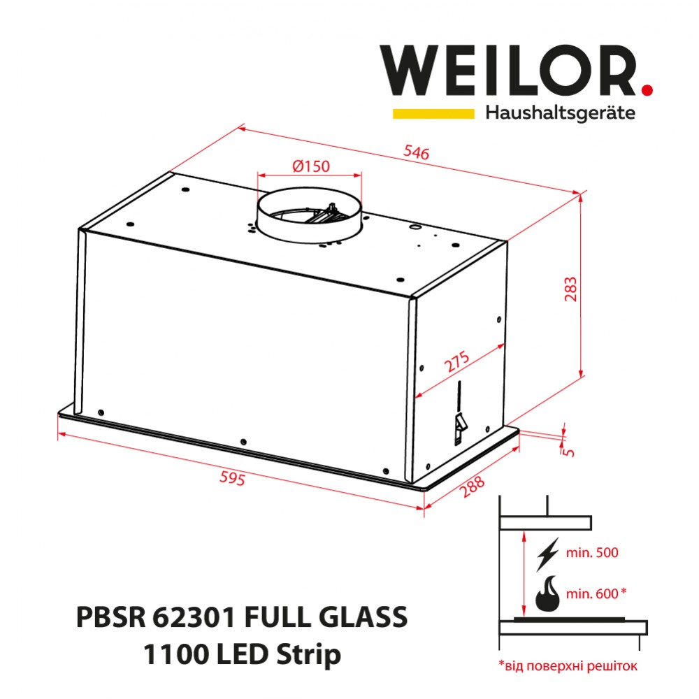 Weilor PBSR 62301 FULL GLASS WH 1100 LED Strip Габаритні розміри
