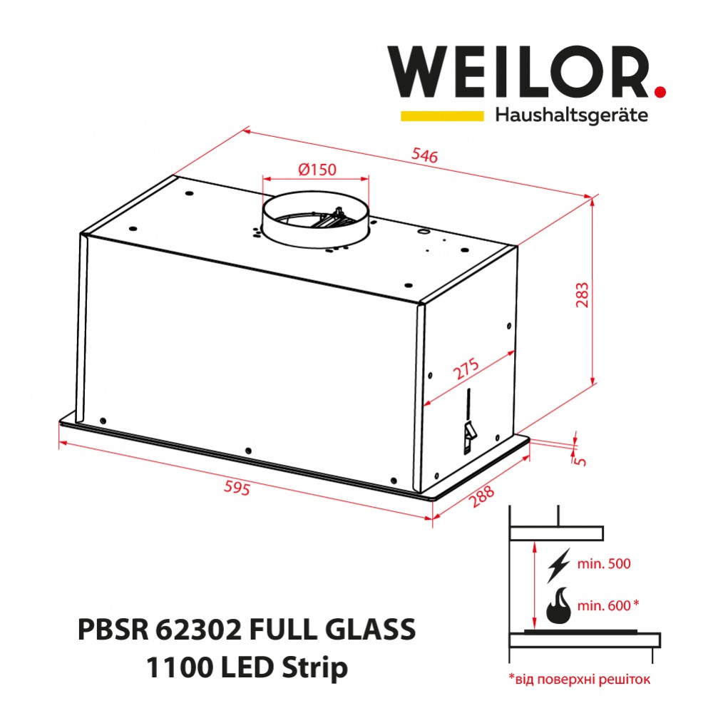 Weilor PBSR 62302 FULL GLASS FBL 1100 LED Strip Габаритные размеры