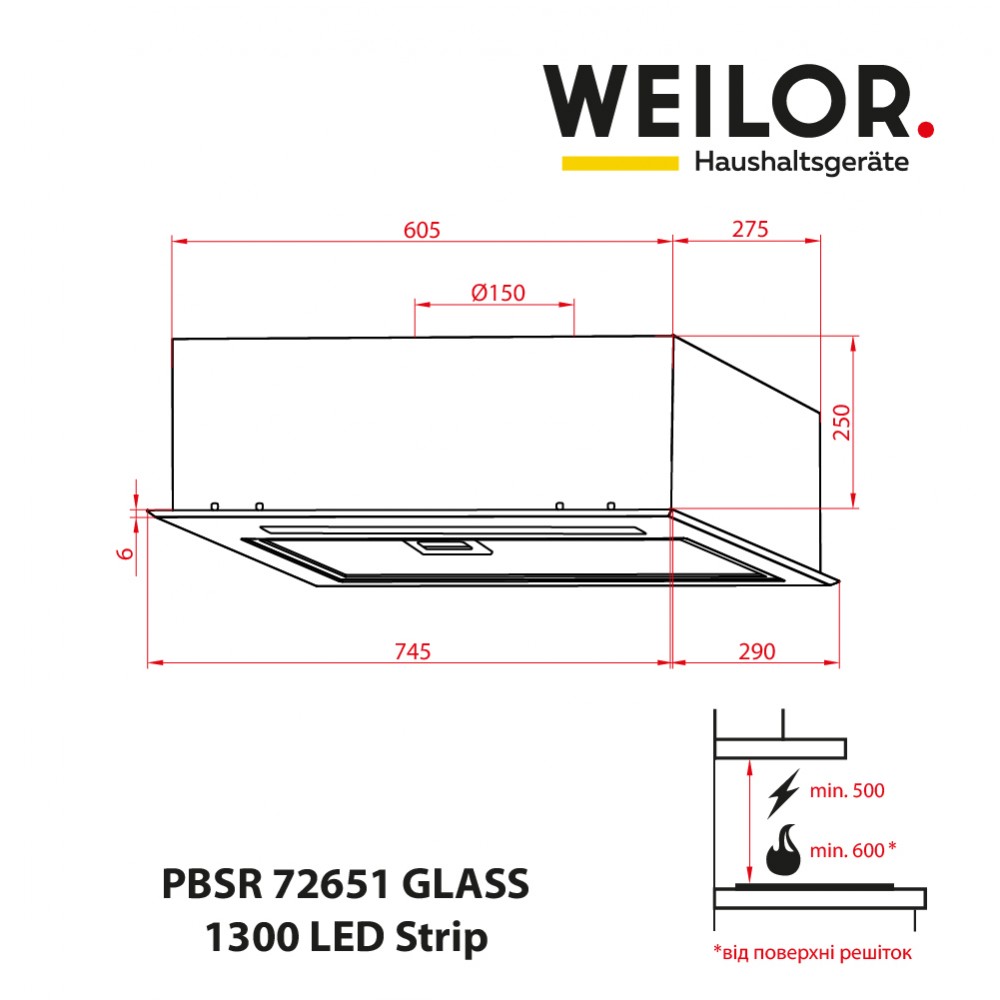 Weilor PBSR 72651 GLASS BL 1300 LED Strip Габаритні розміри
