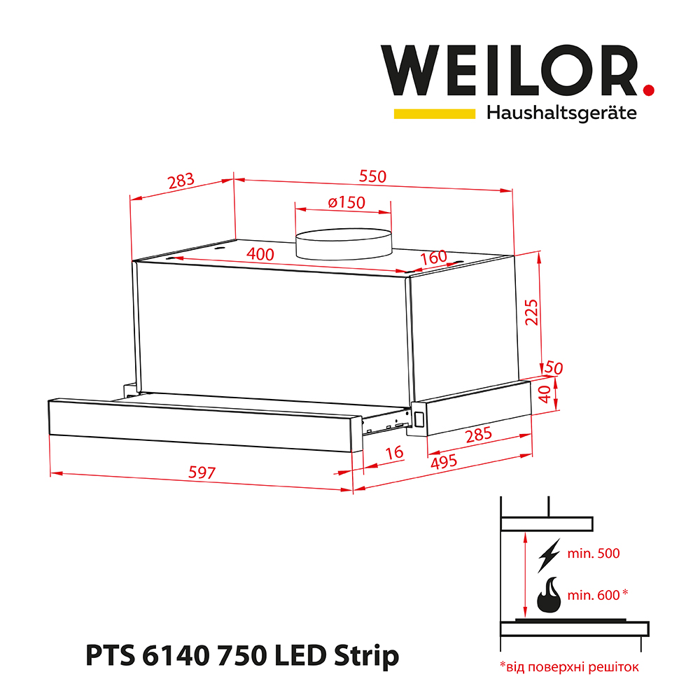 Weilor PTS 6140 BL 750 LED Strip Габаритные размеры
