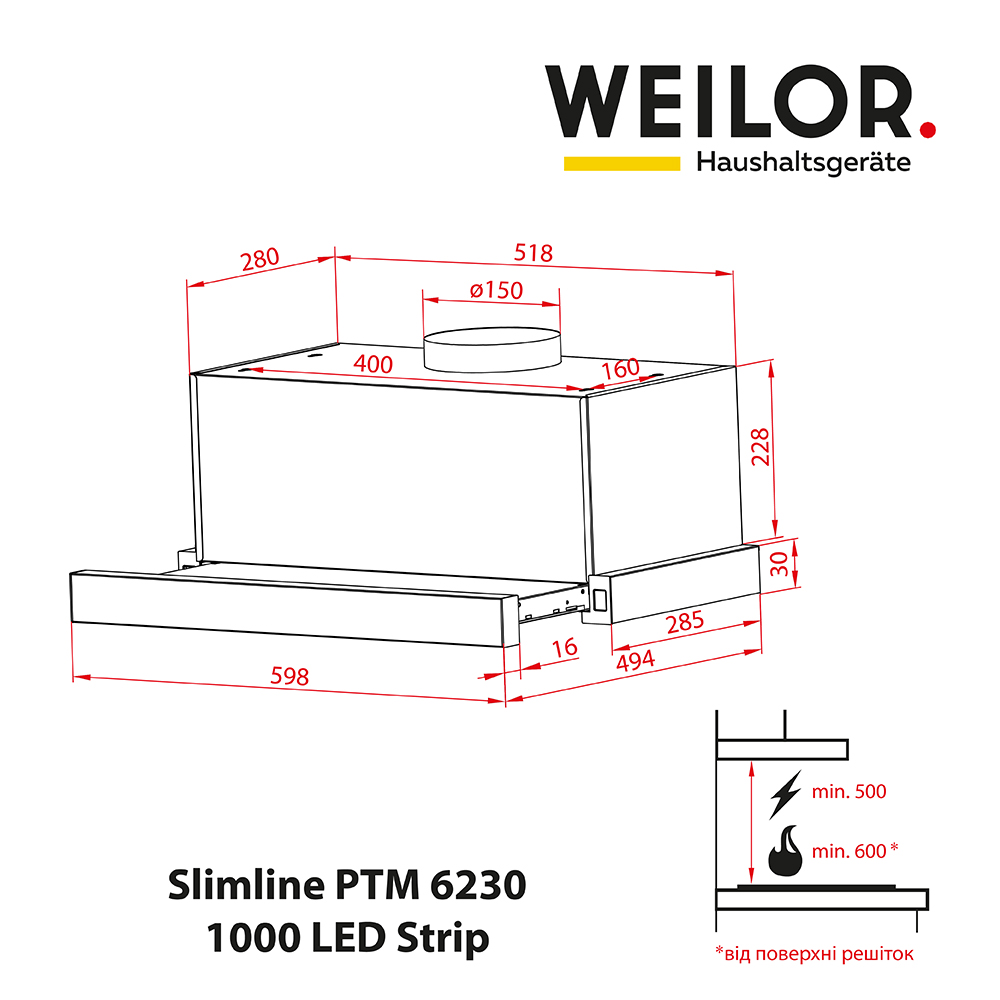 Weilor Slimline PTM 6230 SS 1000 LED Strip Габаритні розміри