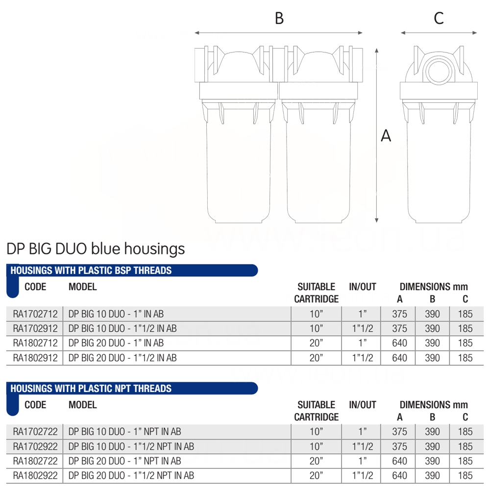 Atlas Filtri DP 20 BIG DUO 1 1/2 AB IN KIT (ZA1802912) Габаритные размеры
