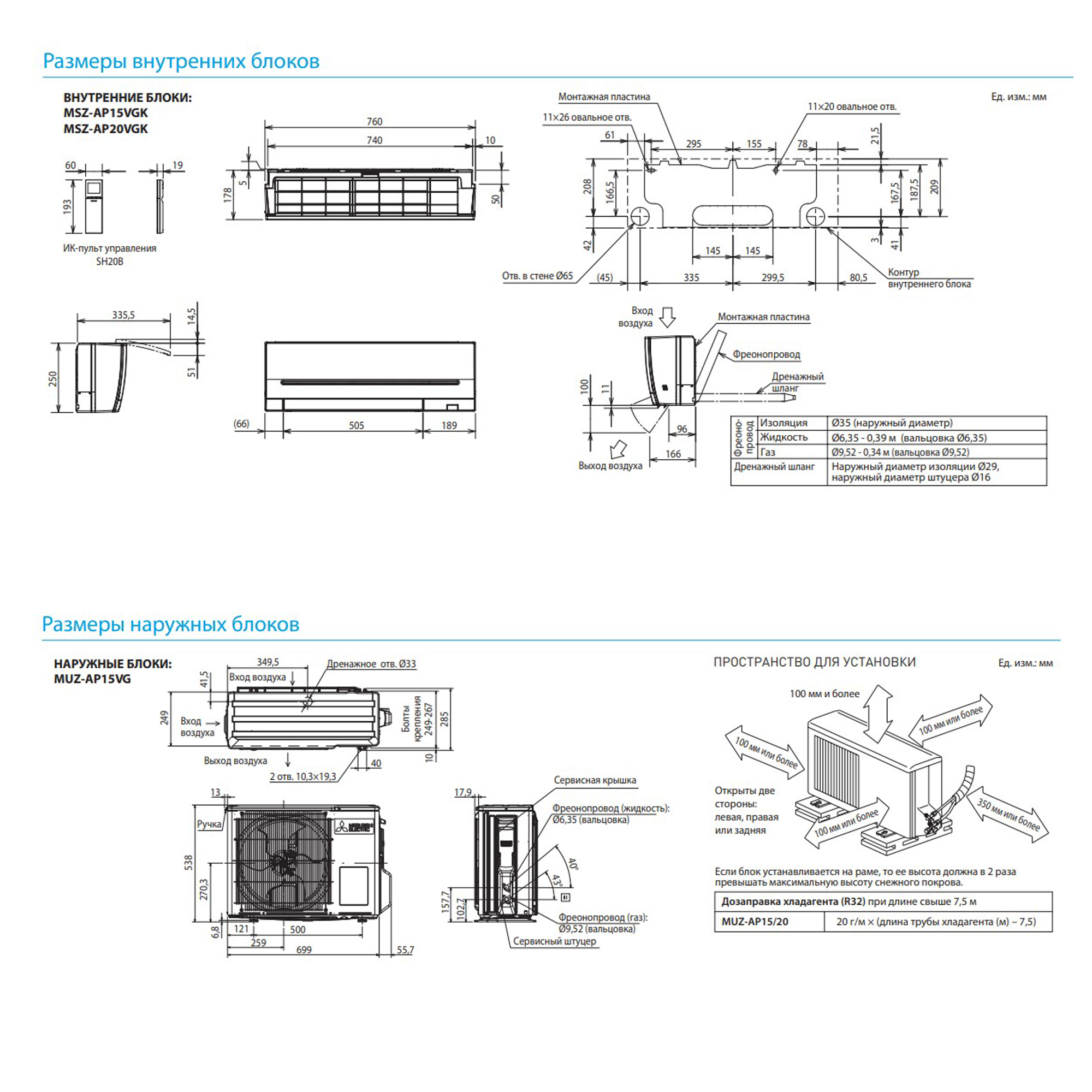Mitsubishi Electric Standard Inverter MSZ-AP15VGK/MUZ-AP15VG Габаритные размеры