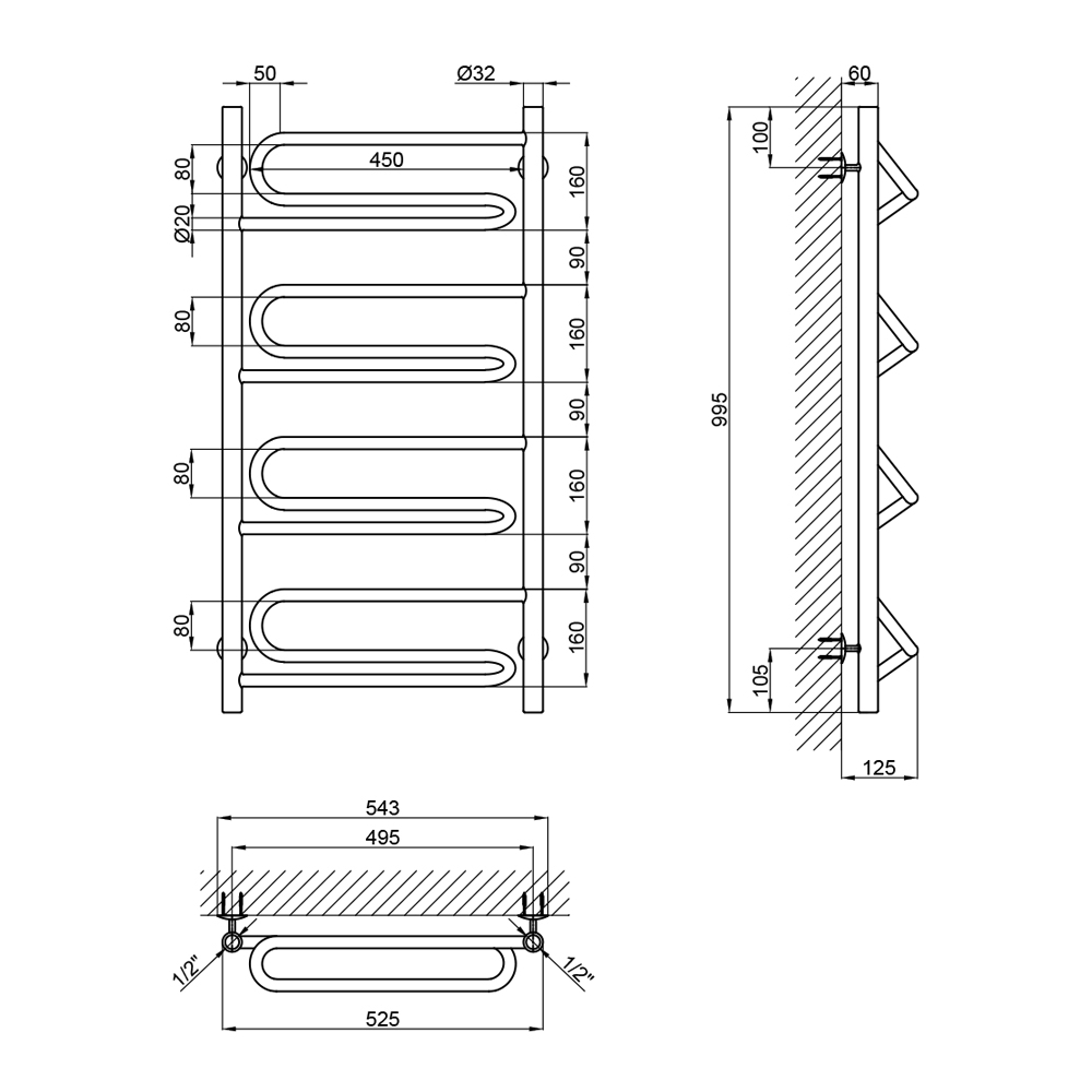 Lidz Zigzag (CRM) D32/20x1/2" 500x1000 P4 Габаритні розміри