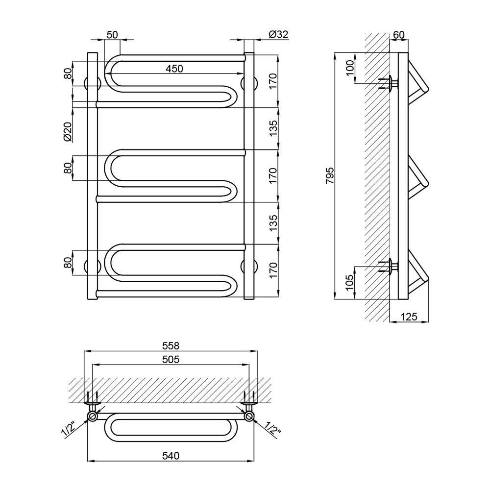 Lidz Zigzag (CRM) D32/20x1/2" 500x800 P3 Габаритні розміри