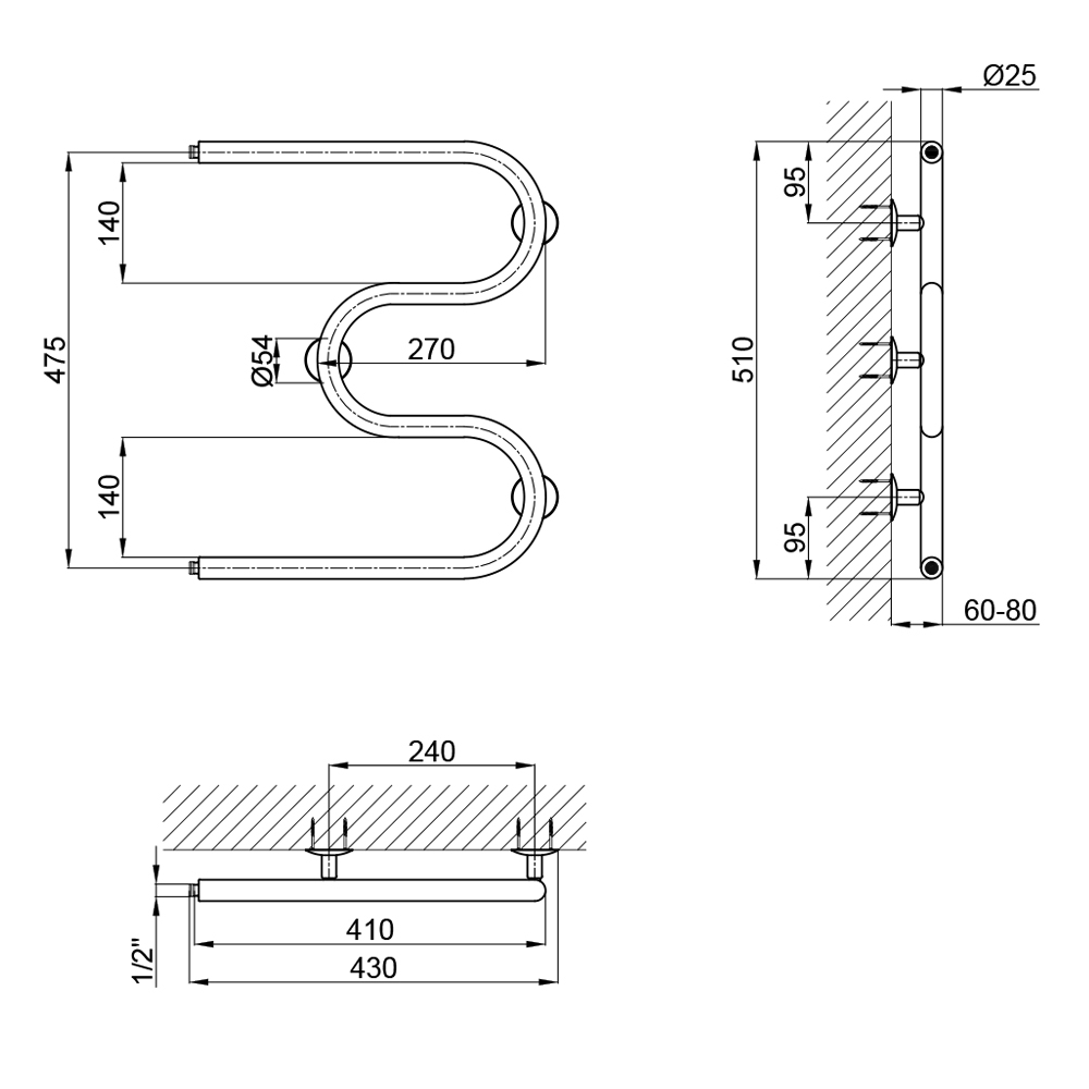 Lidz Snake (CRM) D25x1/2" 500x400 Габаритные размеры