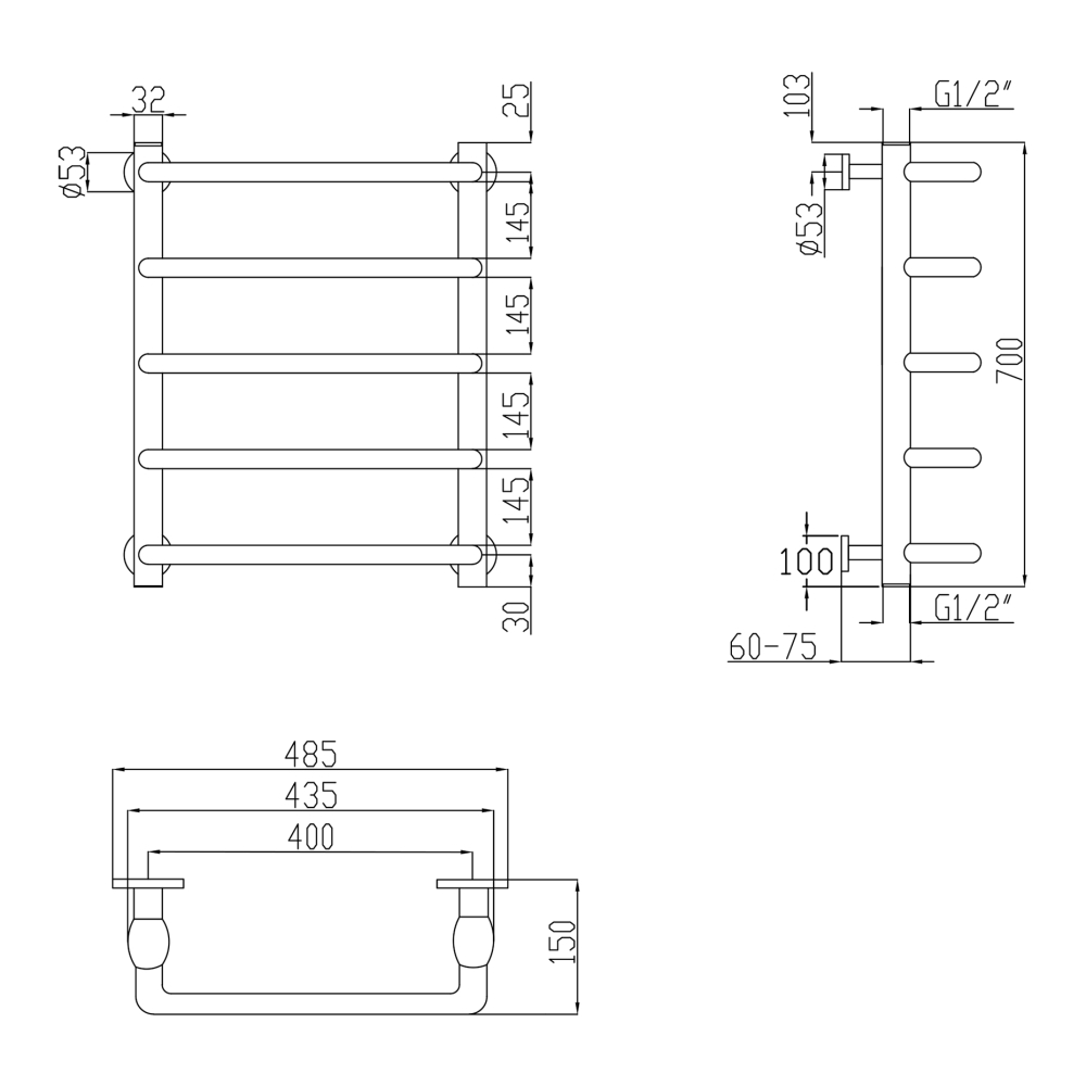 Lidz Standard (CRM) D32/20x1/2" 400x700 P5 Габаритные размеры