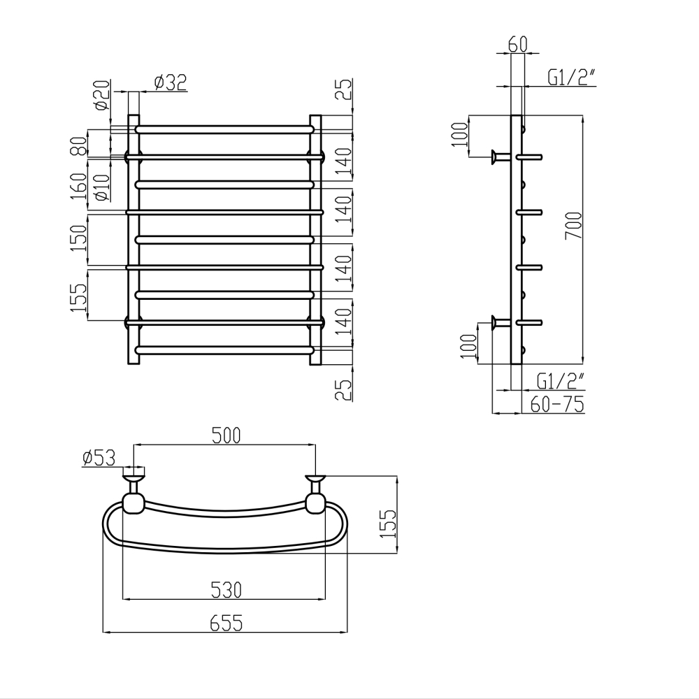 Lidz Standard (CRM) РЛС D32/20x1/2" 500x700 P5 Габаритні розміри