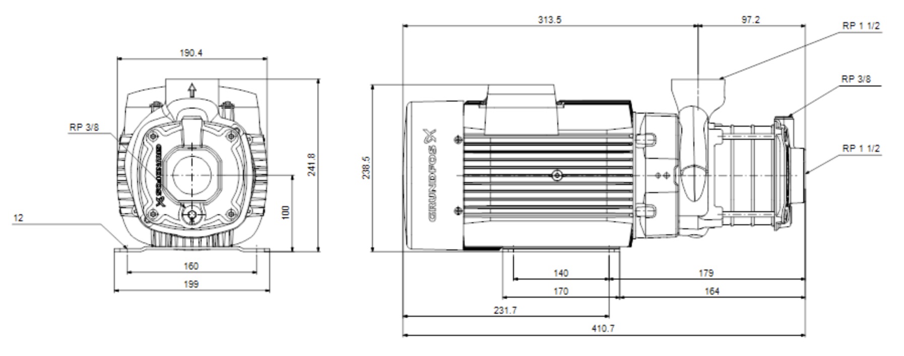 Grundfos CM10-2 A-R-A-E-AQQE C-A-A-N (96943344) Габаритні розміри