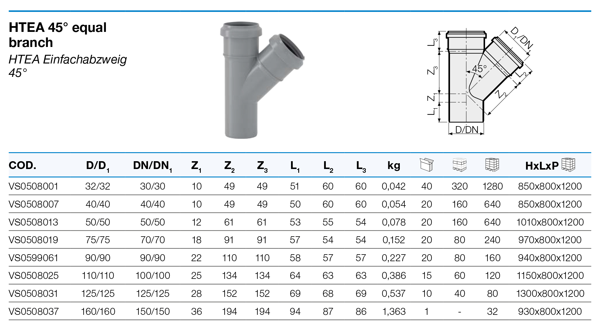 Valsir HTEA Ø75/75x45° (VS0508019) Технические характеристики