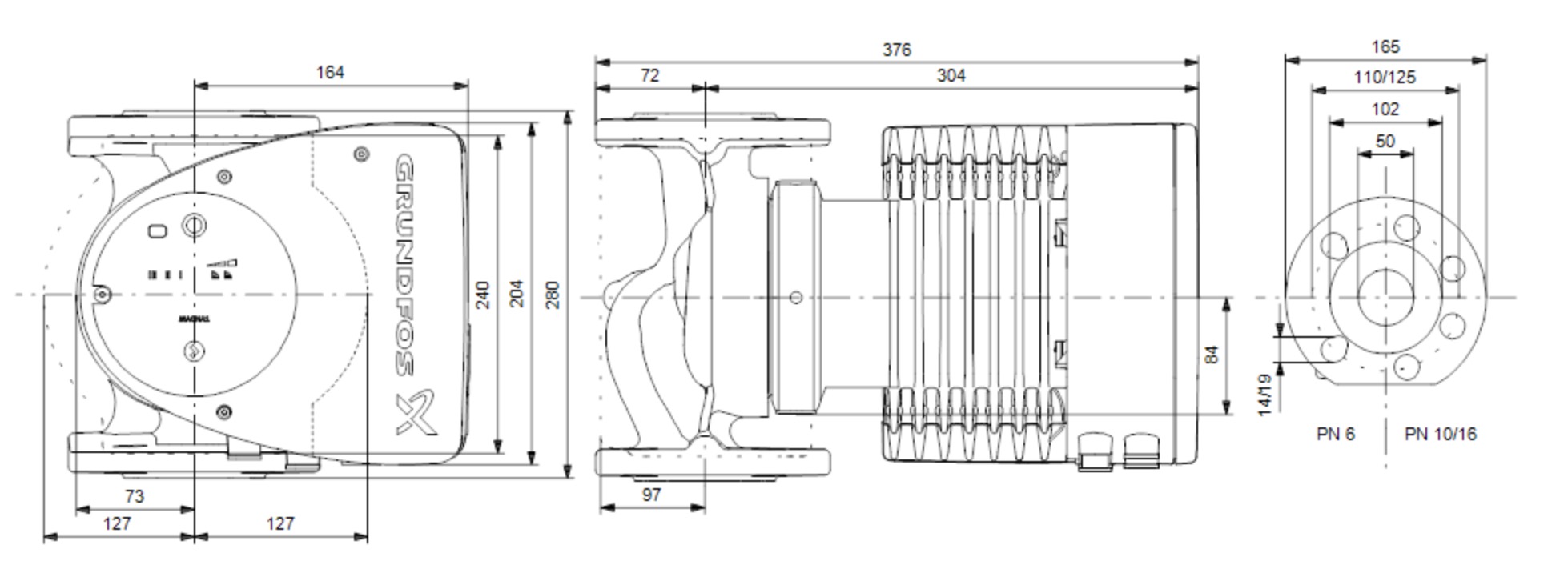 Grundfos Magna1 50-180 F 280 (99221338) Габаритні розміри