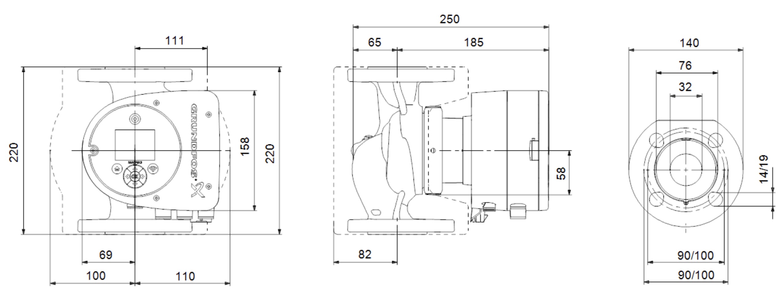 Grundfos Magna3 32-40 F 220 (98333834) Габаритные размеры