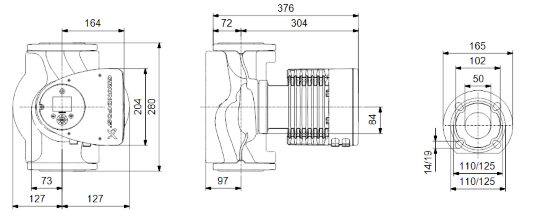 Grundfos Magna3 50-100 F 280 (97924283) Габаритні розміри