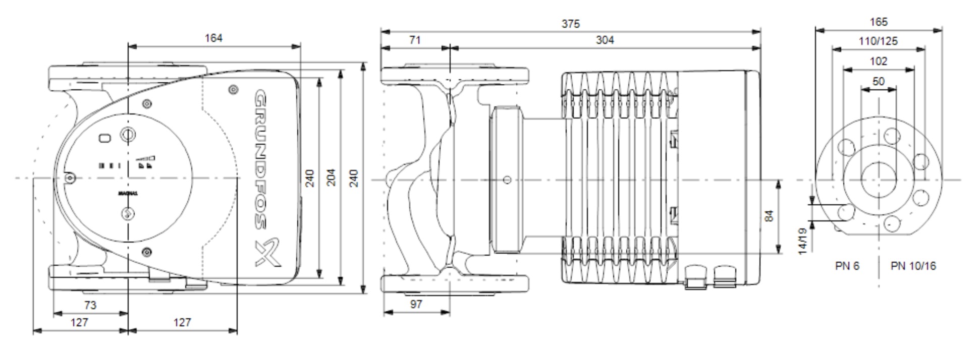 Grundfos Magna1 50-60 F 240 (99221333) Габаритные размеры