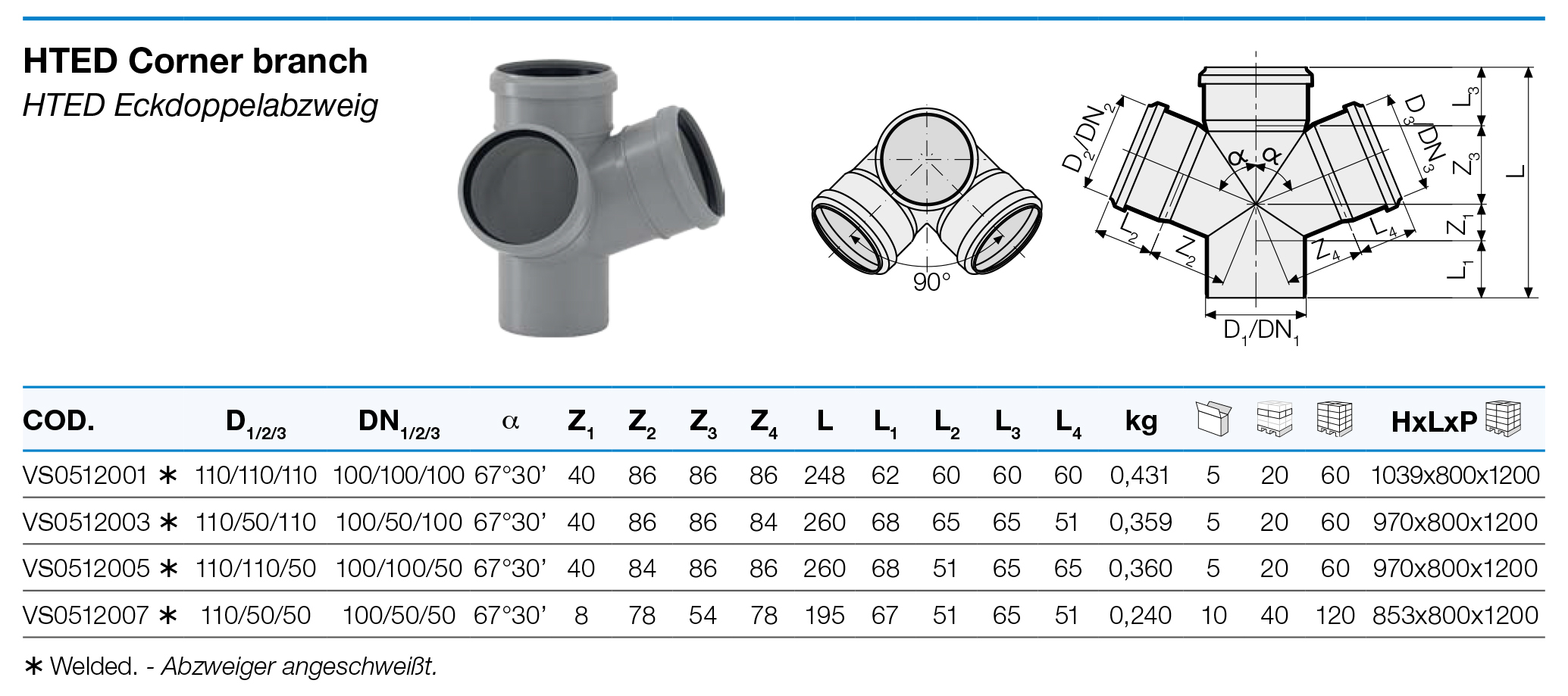 Valsir HTED Ø100/100/50x67° (VS0512005) Технические характеристики