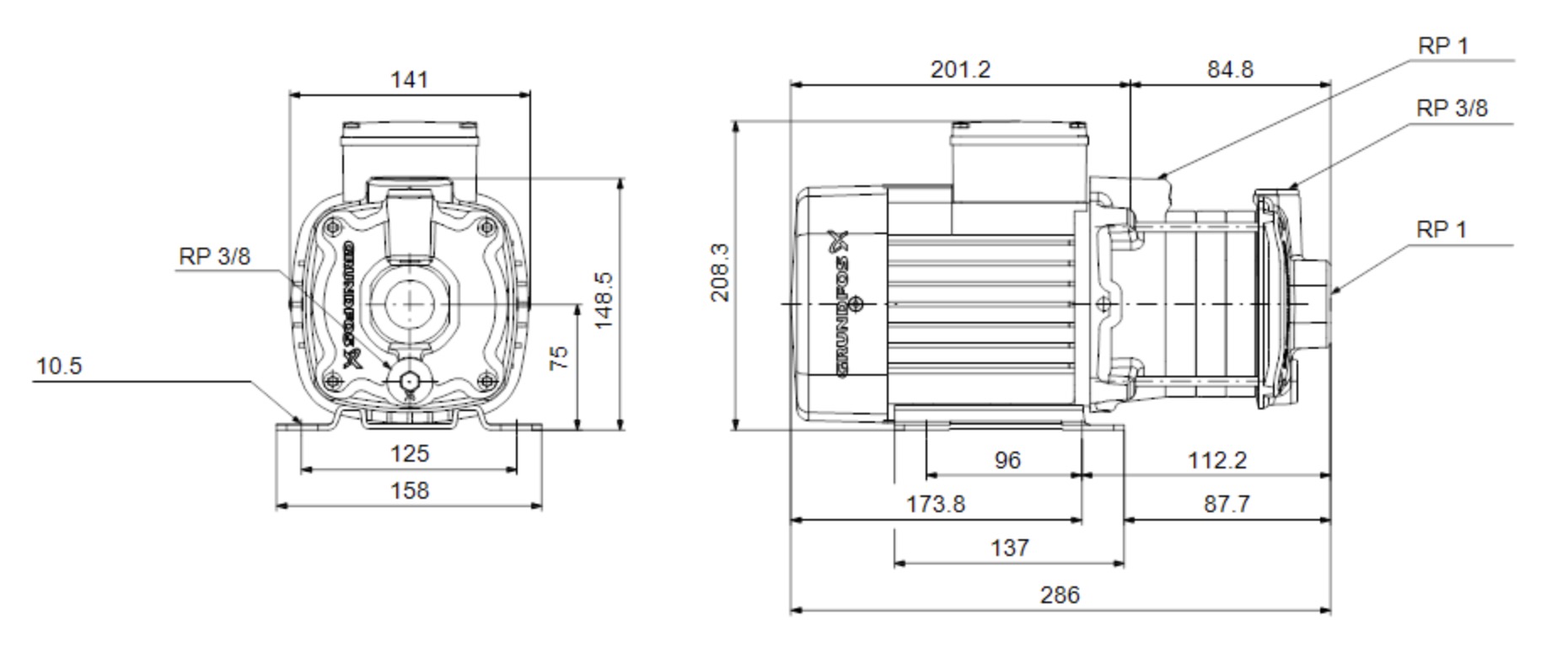 Grundfos CM3-2 A-R-A-E-AQQE C-A-A-N (96807022) Габаритные размеры