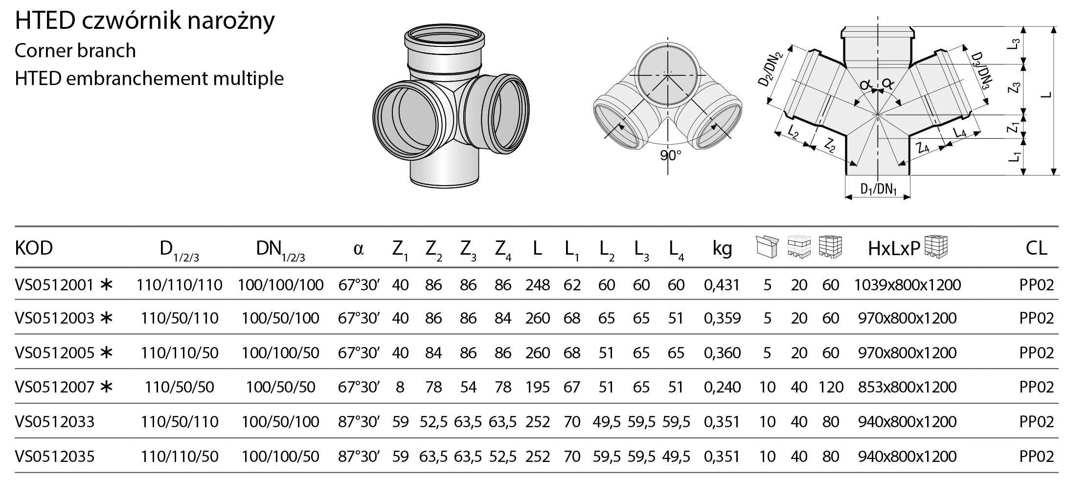 Valsir HTED Ø100/50/100x67° (VS0512003) Технические характеристики