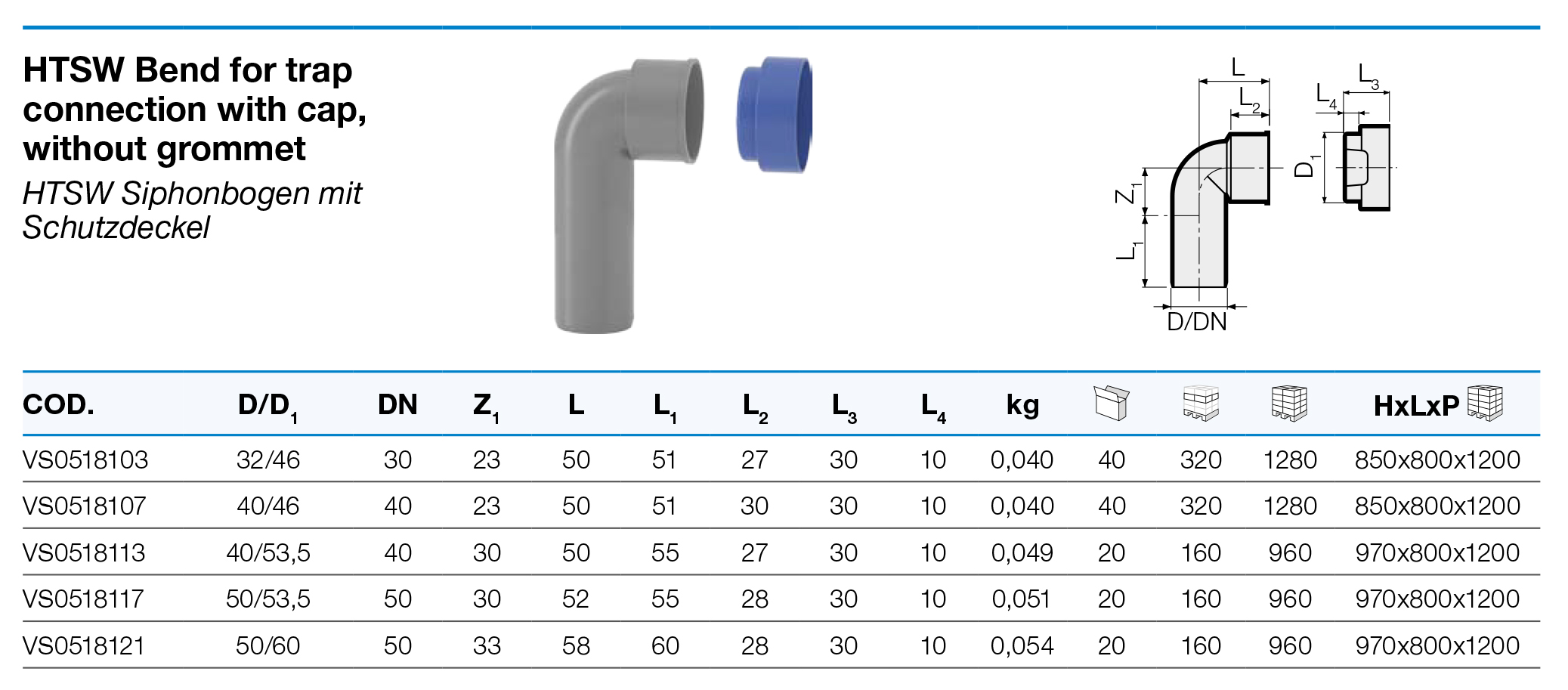 Valsir HTSW Ø50x53,5 (VS0518117) Технические характеристики