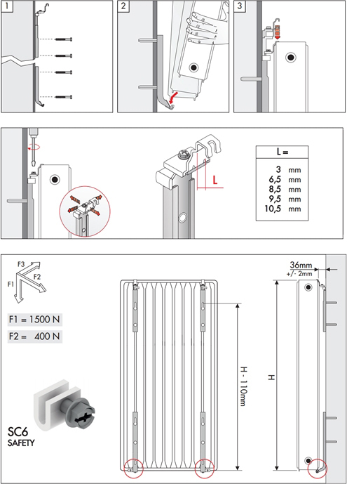 MB Fix 60620060 F7RB стального радиатора QRL (Н=600 мм) RAL9010 Габаритные размеры
