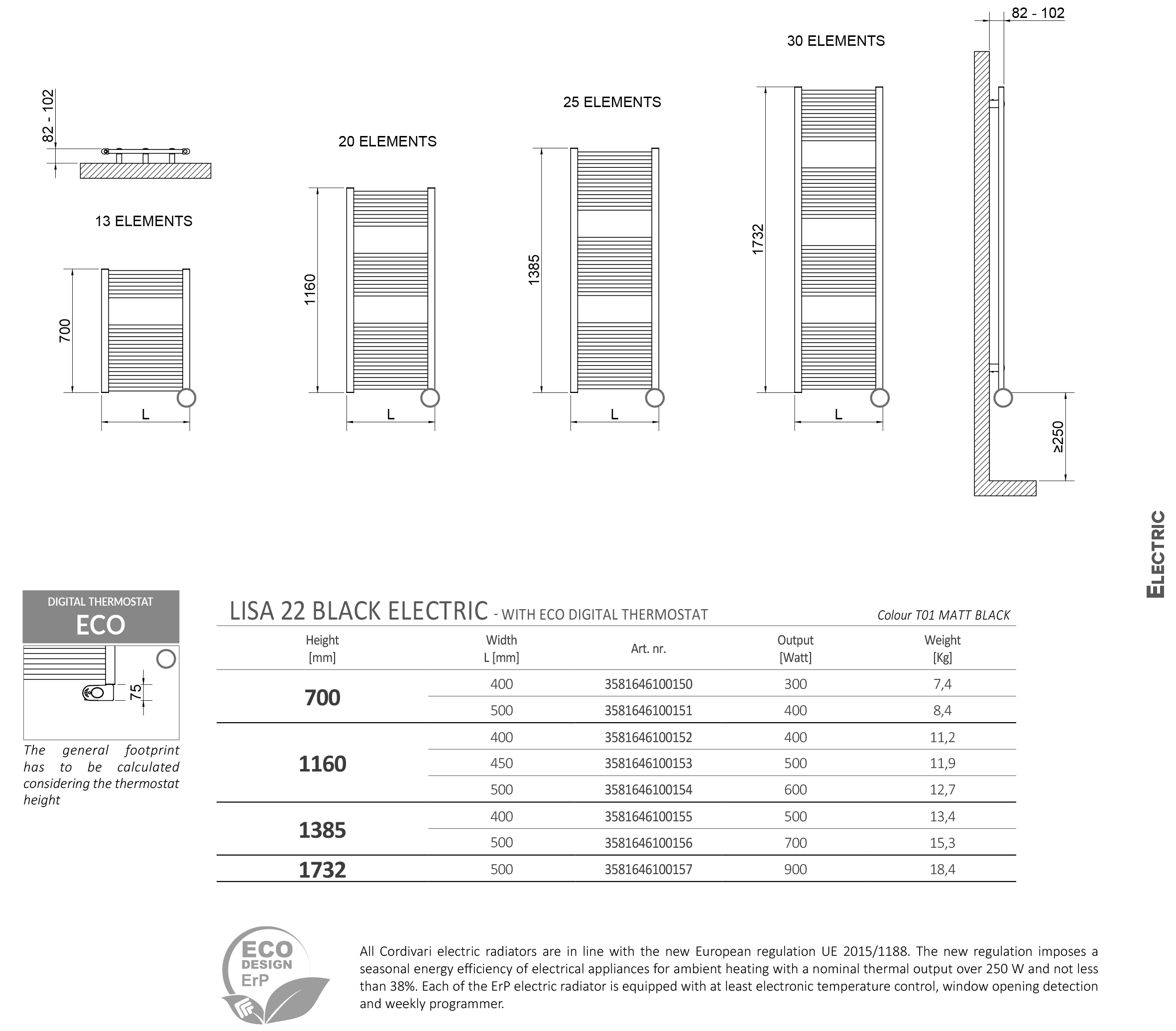 Cordivari Lisa 22 Black Electric 500 x 1160 мм (3581646100154) Габаритные размеры