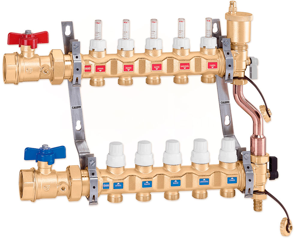 Коллектор латунный с расходомерами и байпасом Caleffi Ø1 1/4″х9х3/4″ 0÷80°C 10 bar (6687I5/6687I5S1)