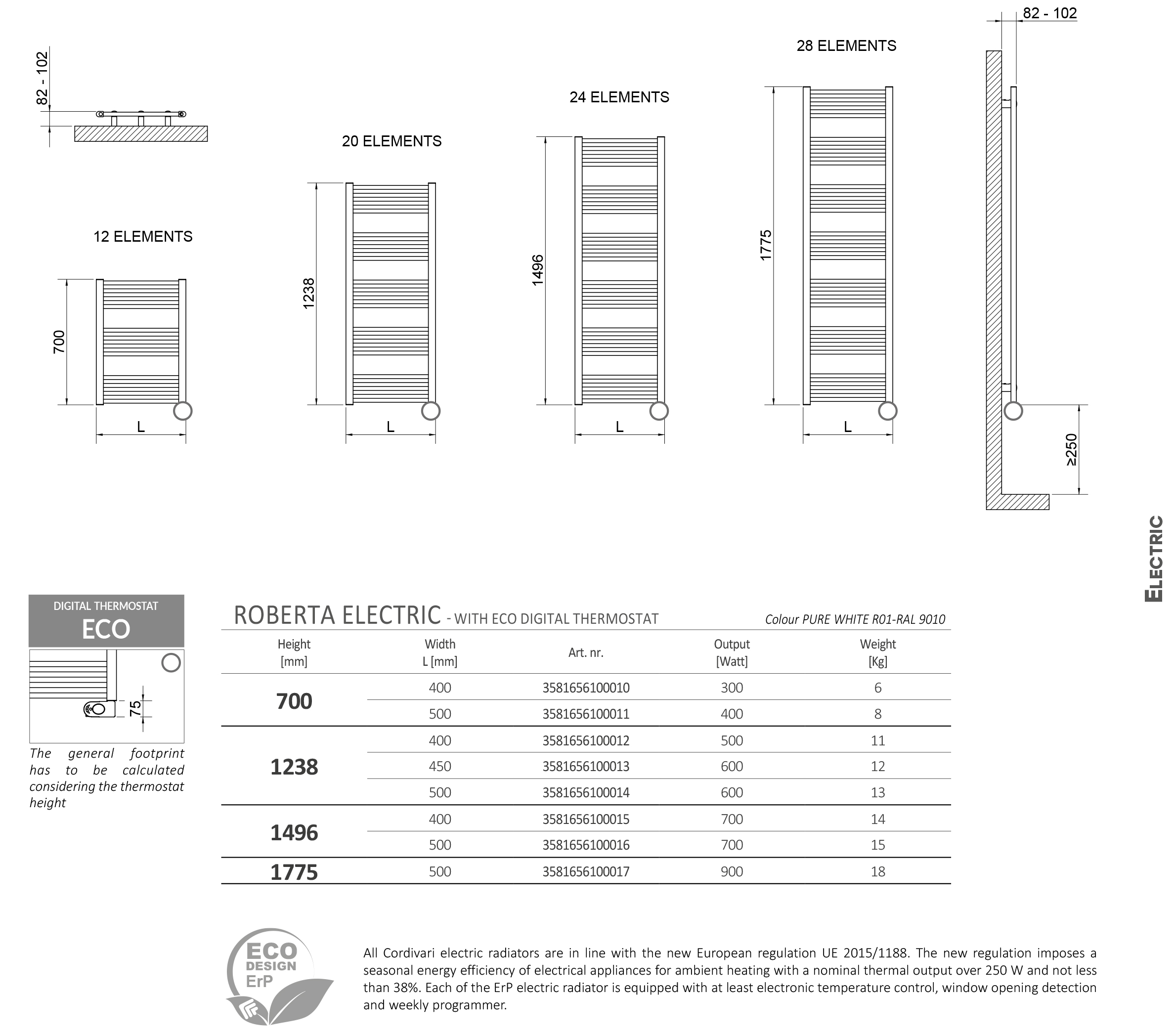 Cordivari Roberta Electric 400 x 700 мм (3581656100010) Габаритные размеры