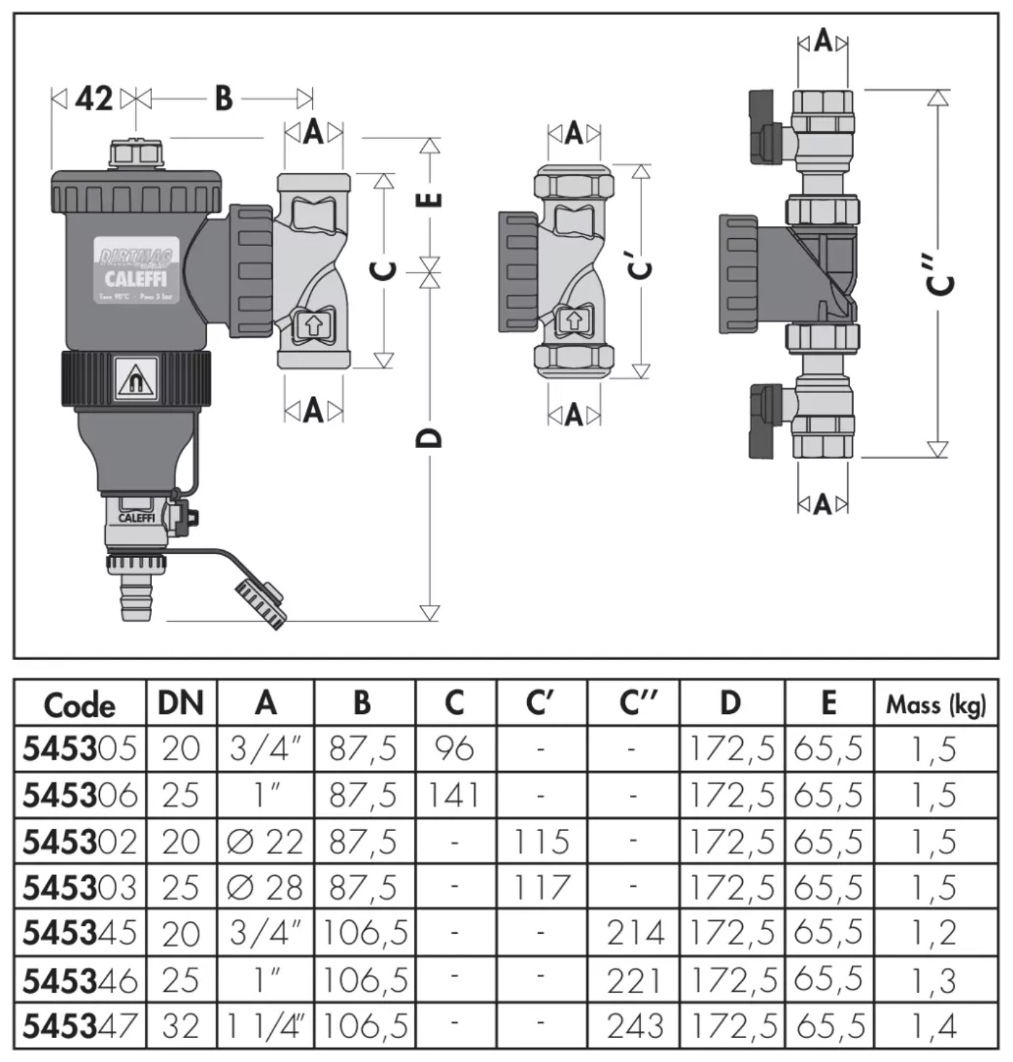 Caleffi Dirtmag 3/4 "універсальний з магнітом, композит (545305) Габаритні розміри