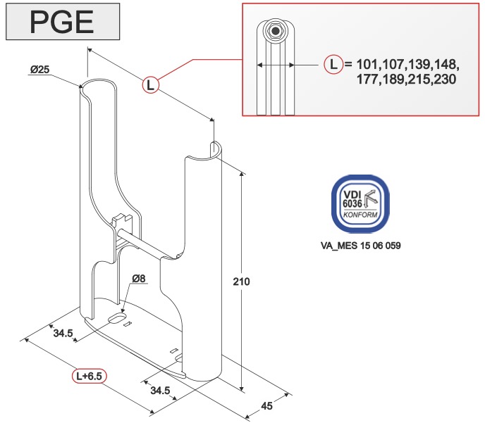 MB Fix PGE для трехколонных трубчатых радиаторов RAL9010 (60770107) Габаритные размеры