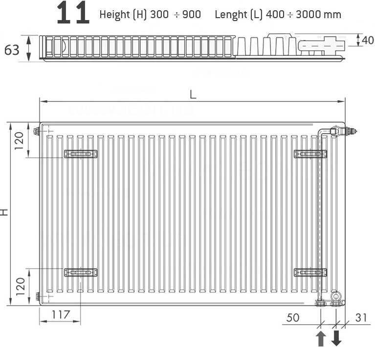 Delonghi PHD 2.0 Panel 11 TEC 600x400 мм 506 Ватт боковое правое/нижнее подкл. (0181116312) Габаритные размеры