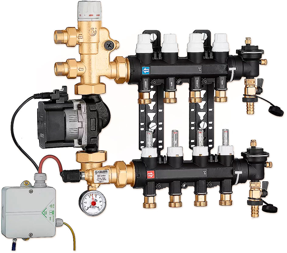 Коллектор из технополимера + смесительная группа и насос Caleffi UPS 25-60 Ø3/4"x10x3/4" 6 bar (1825L5)