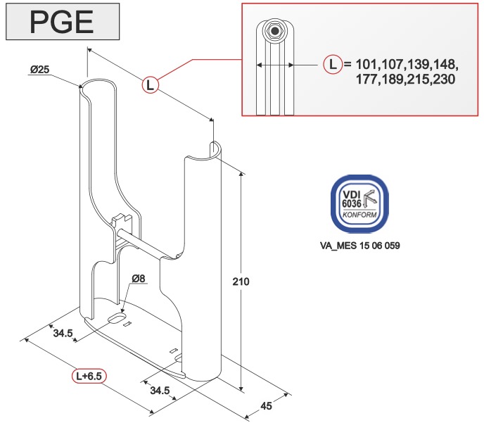 MB Fix PGE для чотириколоних трубчастих радіаторів RAL9010 (60770148) Габаритні розміри