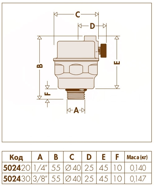 Caleffi Robocal Ø3/8" Н 115°C 10 bar (502430) Габаритные размеры