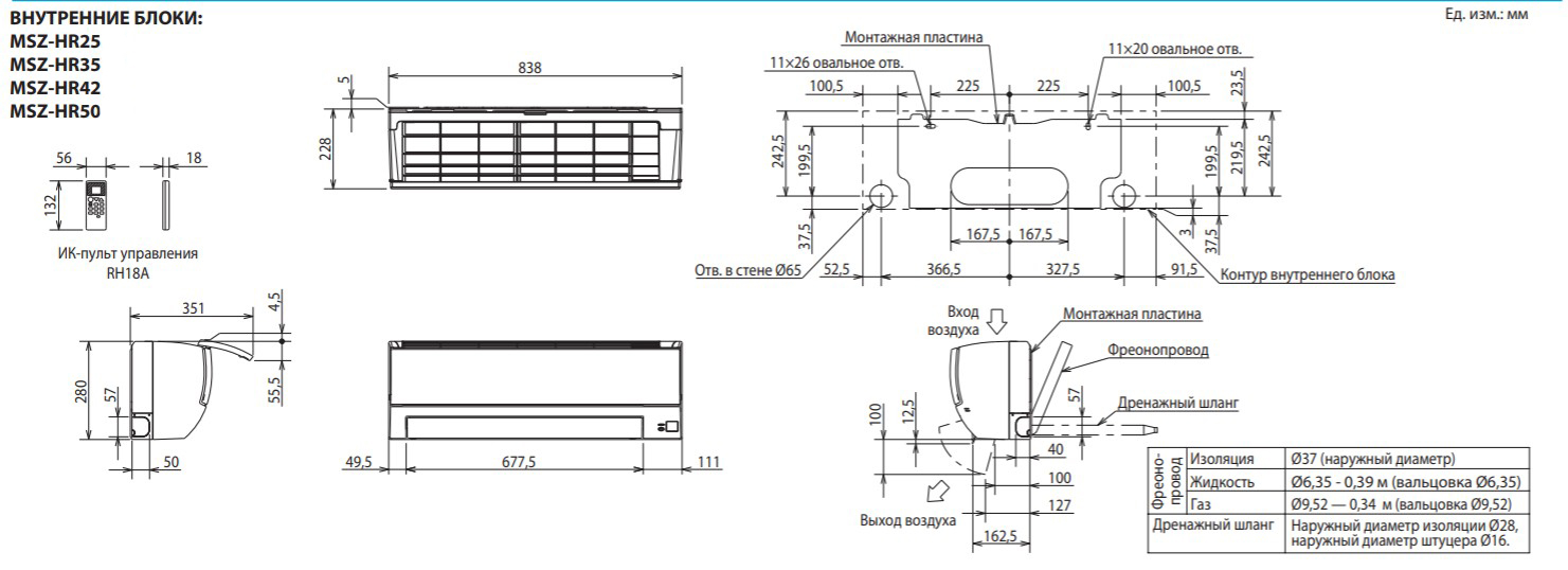 Mitsubishi Electric Classic Inverter MSZ-HR25VFK/MUZ-HR25VF Габаритные размеры
