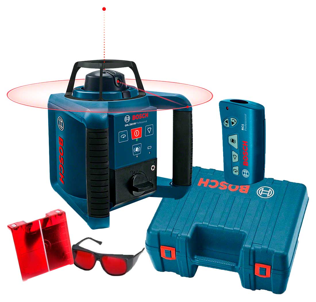 Лазерный нивелир Bosch Professional GRL 250 HV в кейсе с пультом RC1, очками, мишенью (0601061600)