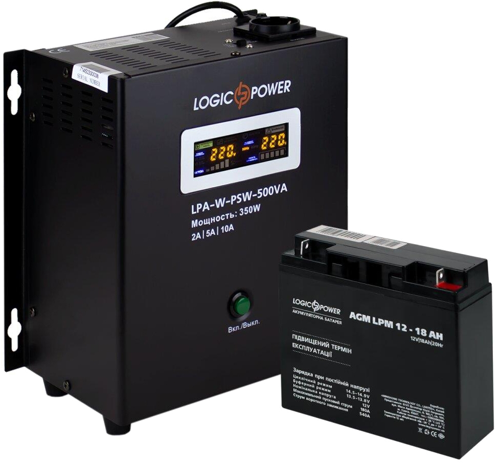 Комплект для резервного живлення LogicPower LPA-W-PSW-500VA + гелевий акумулятор AGM LPM 12V-18Ah (14010) ціна 6647 грн - фотографія 2