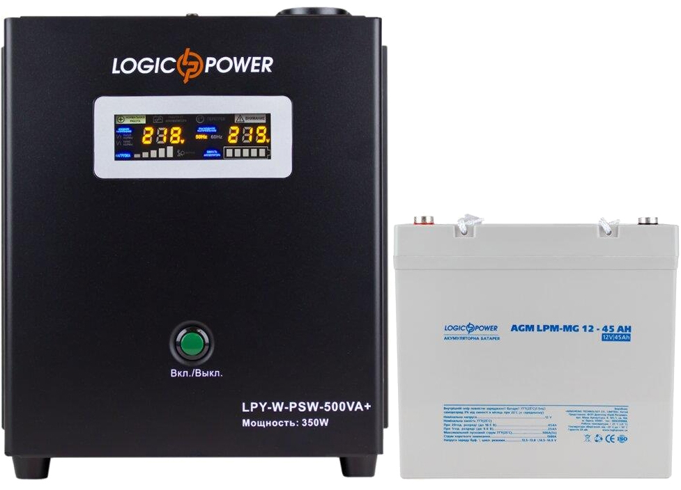 Характеристики комплект для резервного питания LogicPower LPY-W-PSW-500VA + гелевый аккумулятор AGM LPM-MG 12V-55Ah (14012)