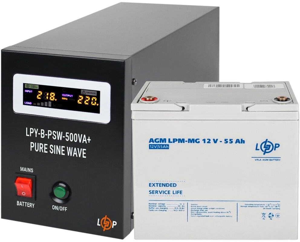 Характеристики комплект для резервного питания LogicPower LPY-B-PSW-500VA + гелевый аккумулятор AGM LPM-MG 12V-55Ah (14017)