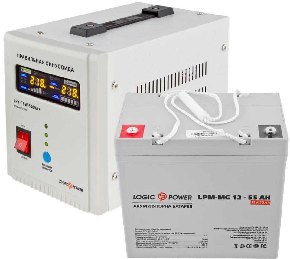 Комплект для резервного живлення LogicPower LPY-PSW-500VA + акумулятор AGM LPM-MG 12V-55Ah (14021) ціна 9938 грн - фотографія 2
