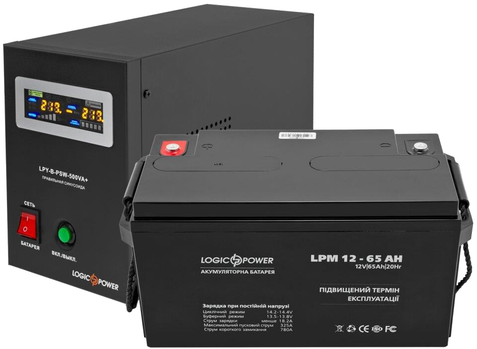Комплект для резервного живлення LogicPower LPY-B-PSW-500VA + акумулятор AGM LPM 12V-65Ah (13588)
