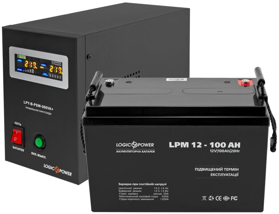 Комплект для резервного живлення LogicPower LPY-B-PSW-500VA + акумулятор AGM LPM 12V-100Ah (13595)