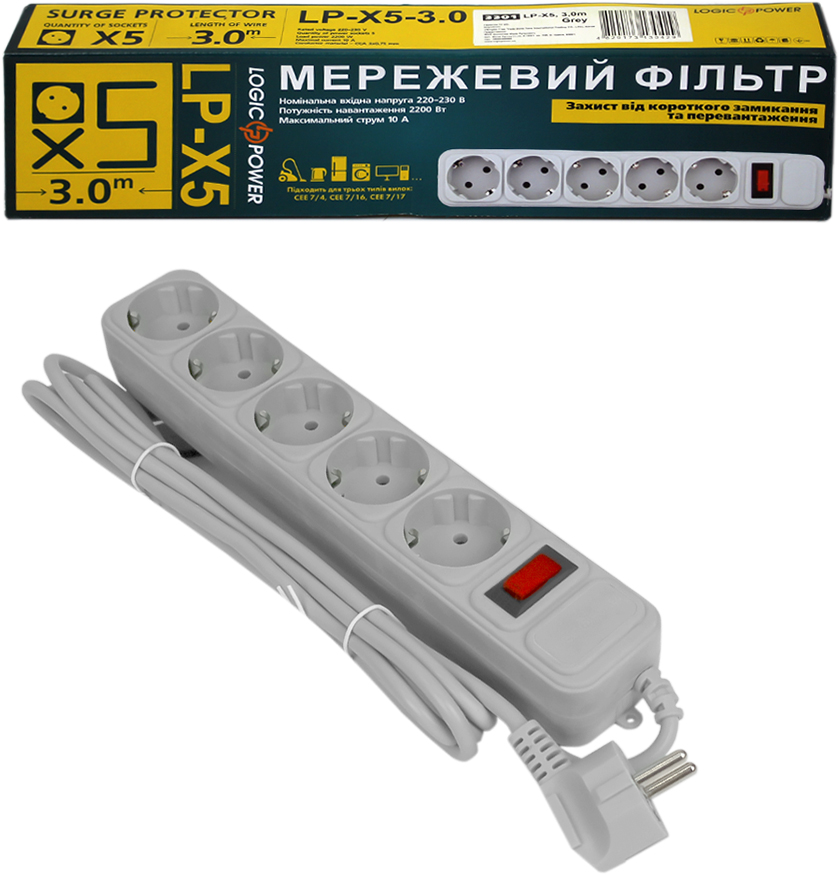Сетевой фильтр LogicPower LP-X5, 3.0 m Grey (3301)