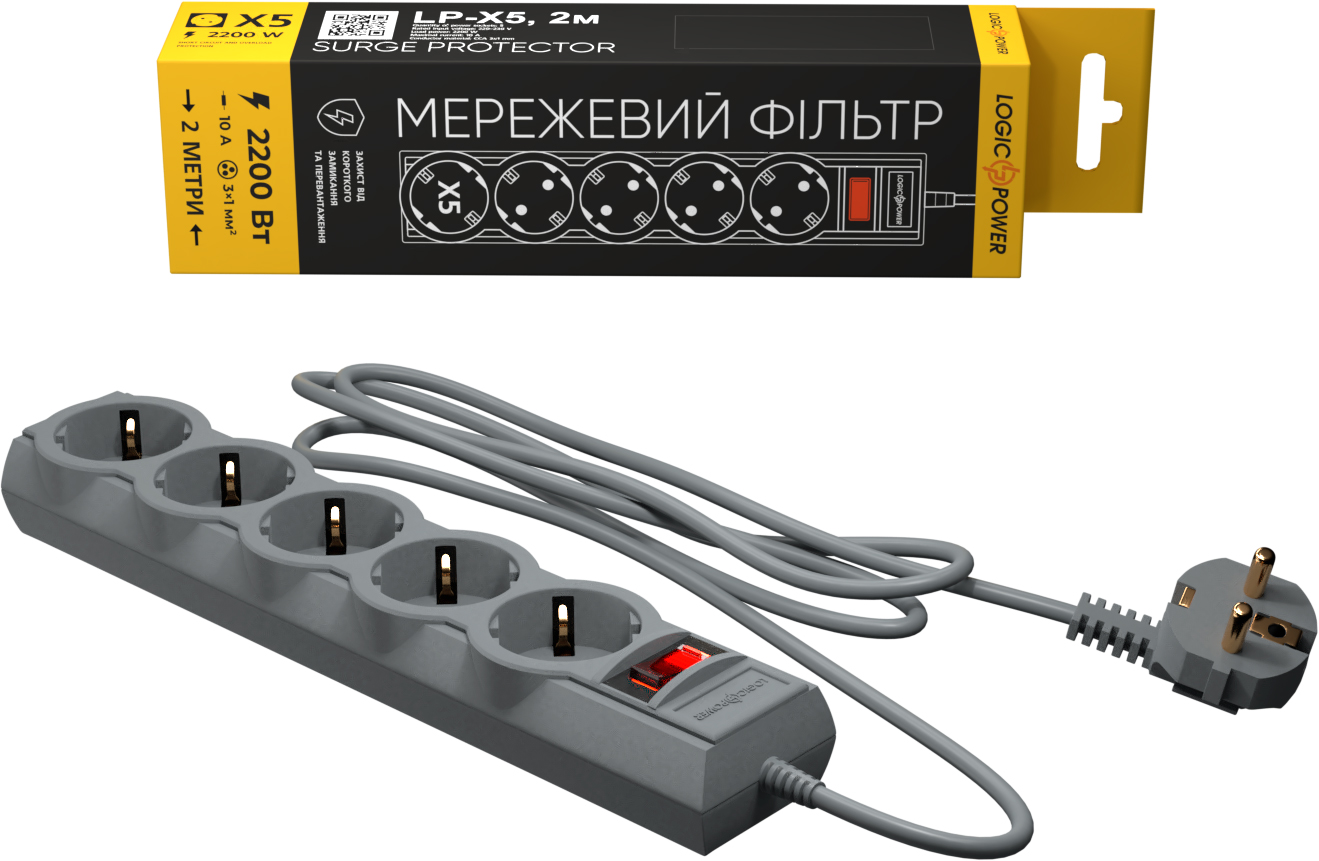 Мережевий фільтр LogicPower LP-X5 PREMIUM, 2 m Grey (9586) в Києві