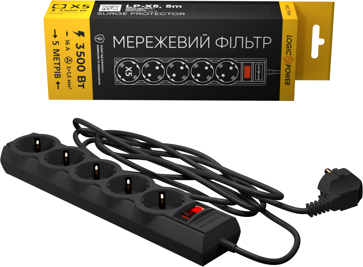 Купити мережевий фільтр LogicPower LP-X5 PREMIUM, 5 m Black (9585) в Києві