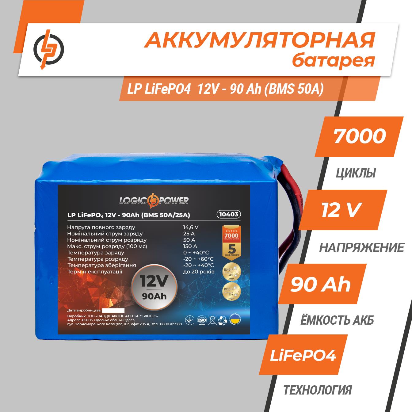 Аккумулятор литий-железо-фосфатный LogicPower LP LiFePO4 12V - 90 Ah (BMS 50A/25A) (10403) цена 0.00 грн - фотография 2