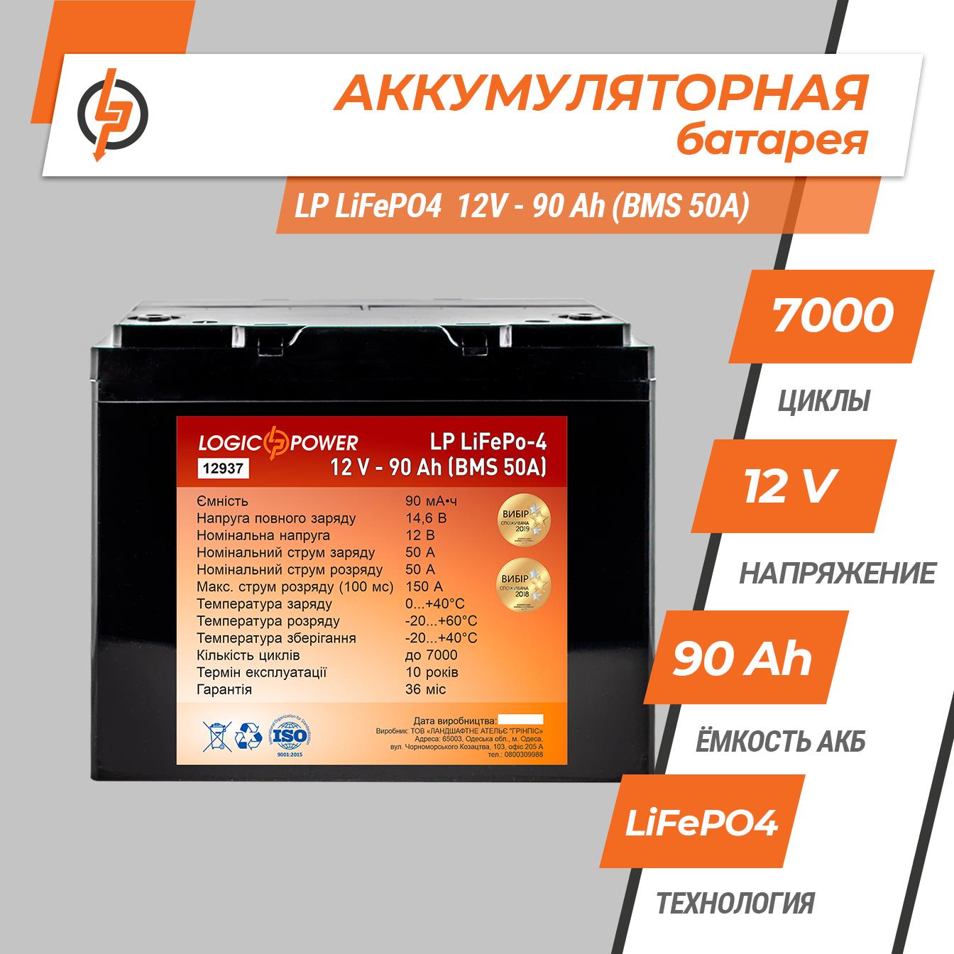 Аккумулятор литий-железо-фосфатный LogicPower LP LiFePO4 12V - 90 Ah (BMS 50A/25A) пластик (12937) цена 17262.00 грн - фотография 2