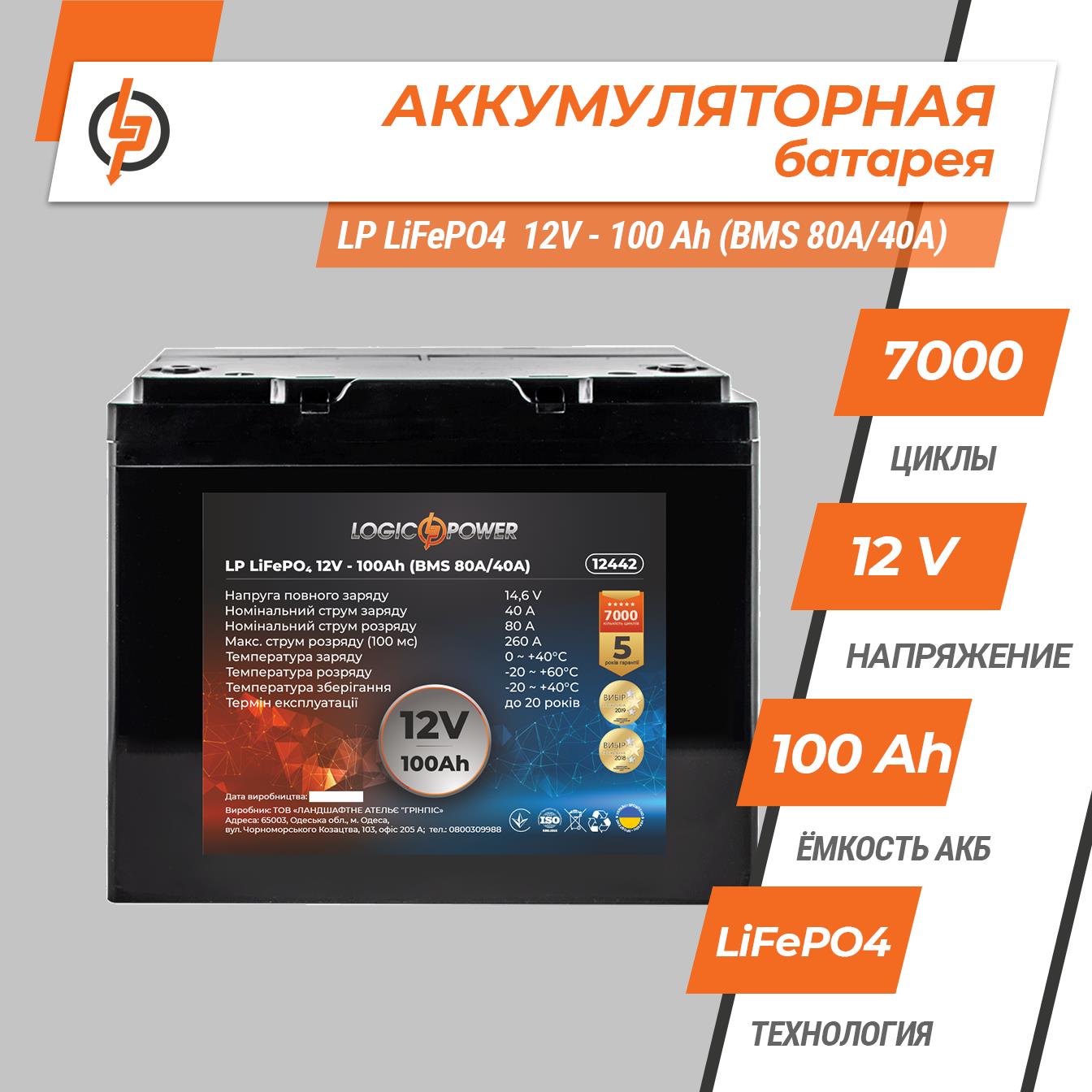 Аккумулятор литий-железо-фосфатный LogicPower LP LiFePO4 12V - 100 Ah (BMS 80A/40А) пластик (12442) цена 0 грн - фотография 2