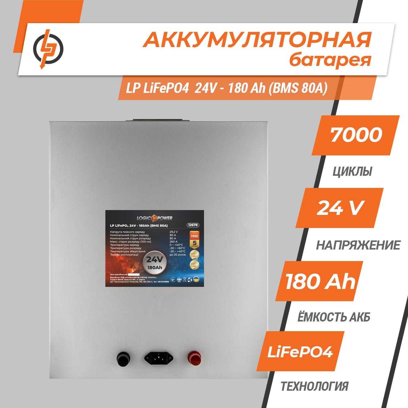 Акумулятор літій-залізо-фосфатний LogicPower LP LiFePO4 24V - 180 Ah (BMS 80A) метал (12678) ціна 64106 грн - фотографія 2