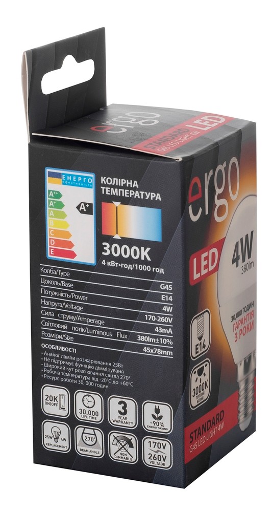 светодиодная лампа Ergo Standard G45 E14 4W 220V 3000K отзывы - изображения 5